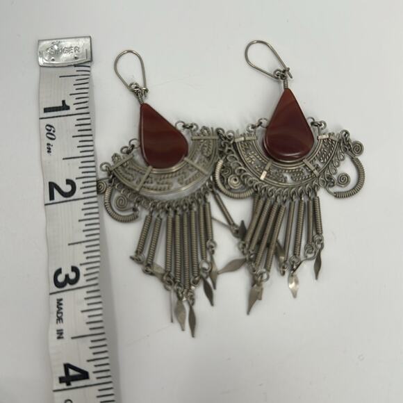 Large Carnelian wire wrapped tassel statement earrings - Picture 3 of 3